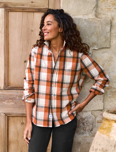 EILEEN Flannel Button Down in Pumpkin/Brown Plaid