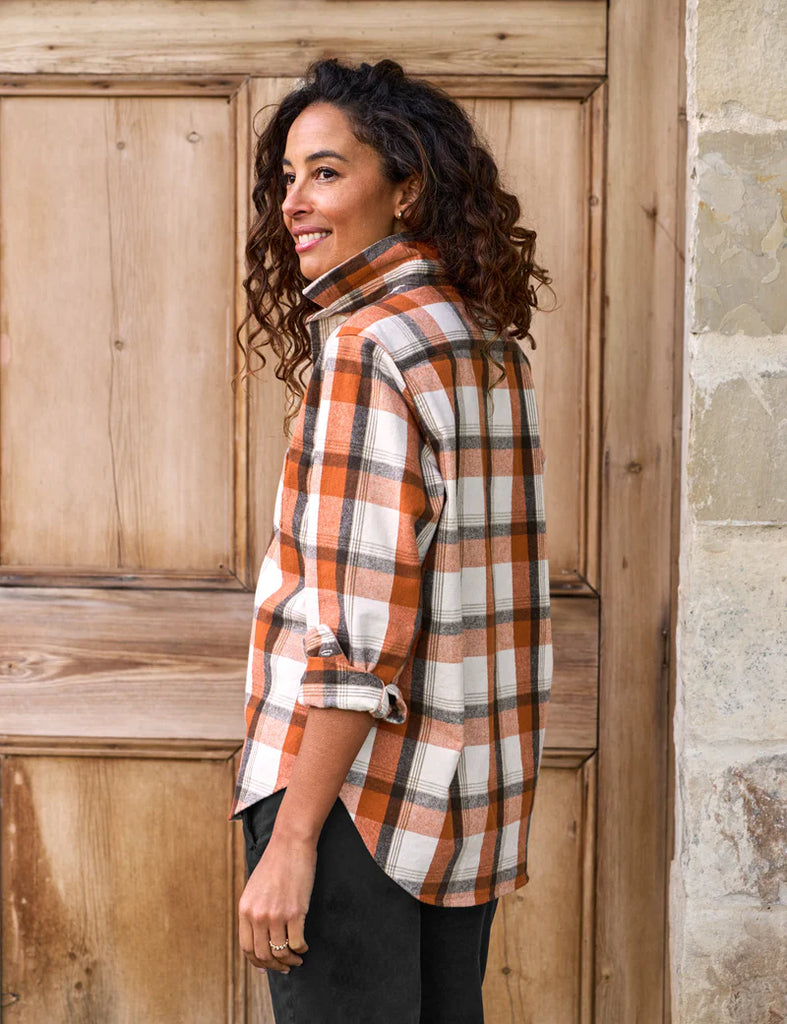 EILEEN Flannel Button Down in Pumpkin/Brown Plaid