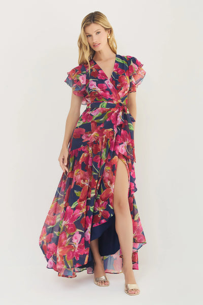 ZOLA Maxi Wrap Dress in Navy/Multi Watercolor Orchids