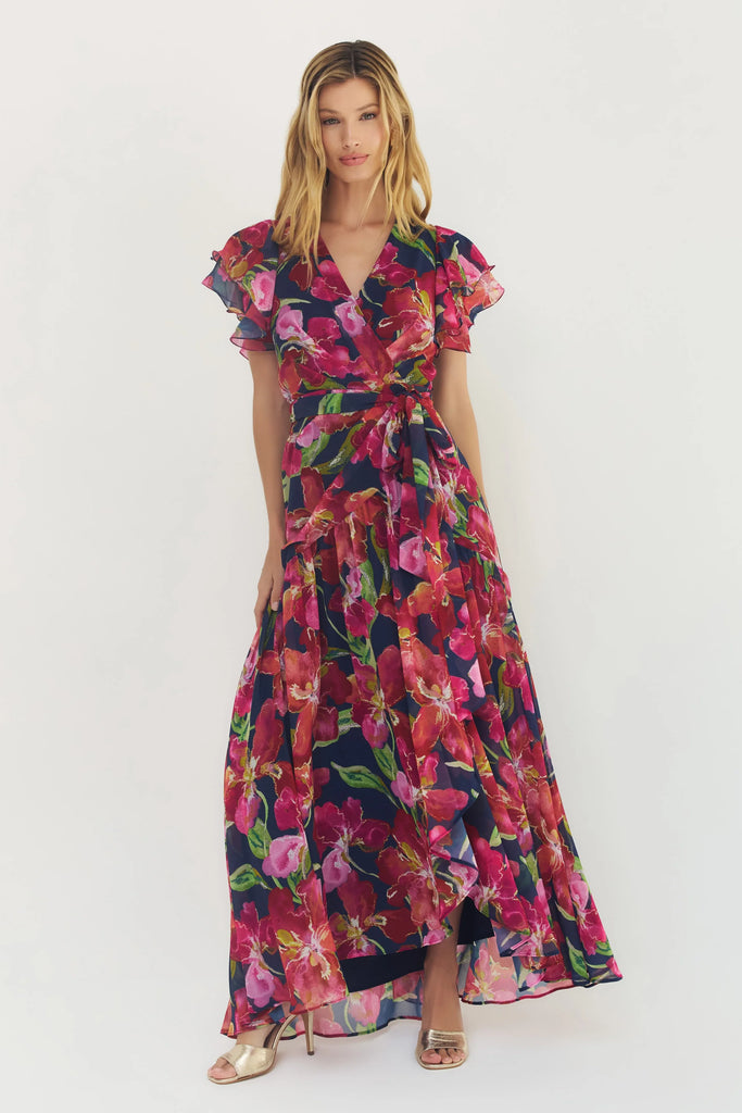ZOLA Maxi Wrap Dress in Navy/Multi Watercolor Orchids