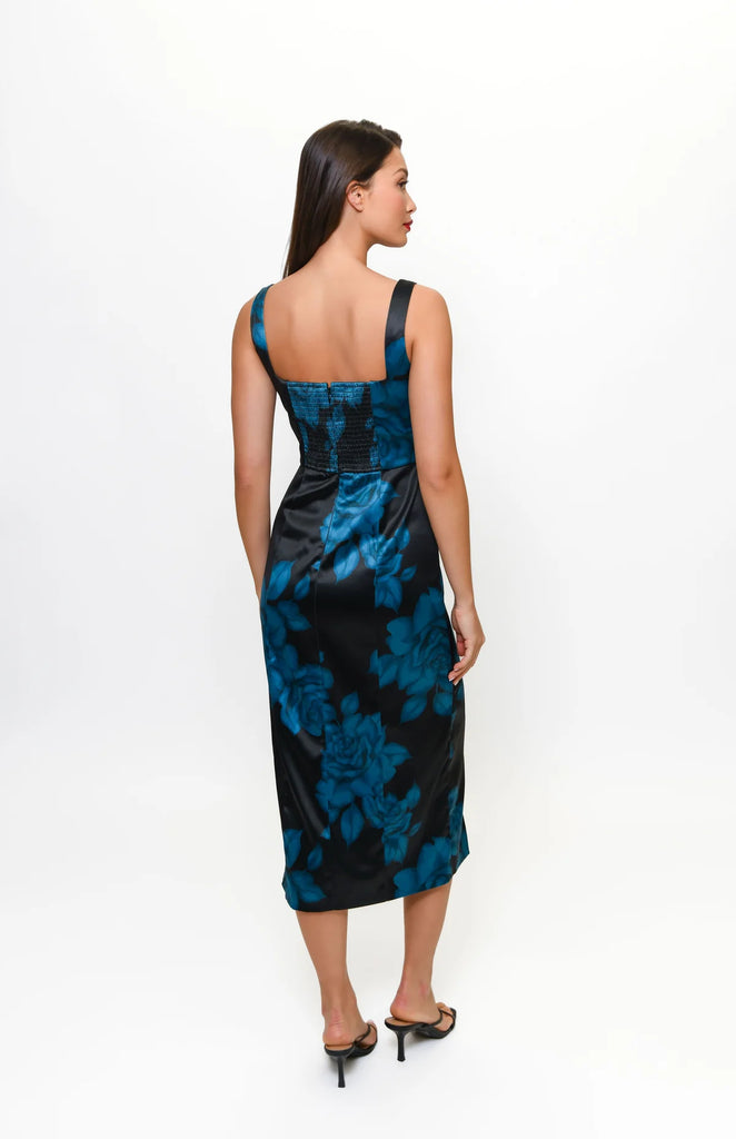 ANGI Midi Dress in Black Sketched Spacious Rose