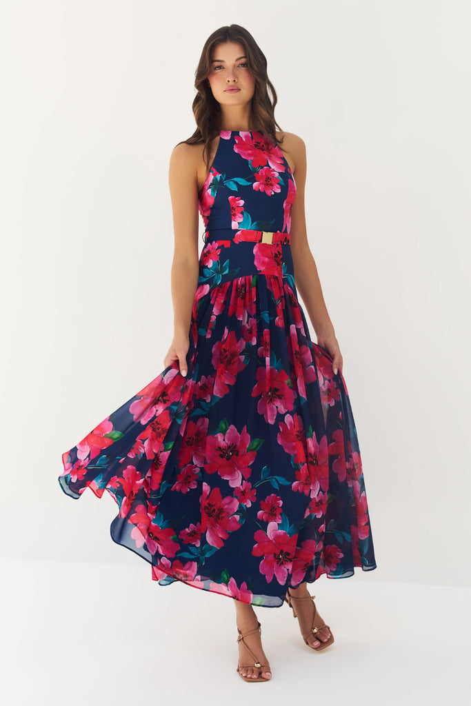 ABBEY Maxi Dress in Navy/Raspberry Watercolor Bloomed Floral