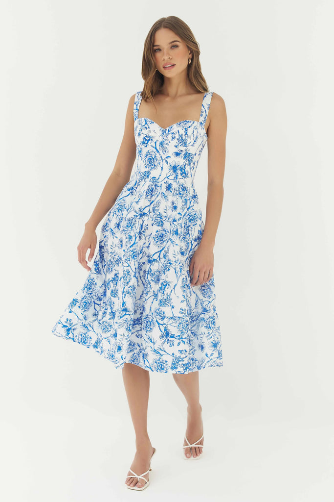 NAOMI Corset Top Dress in White/Blue Inked