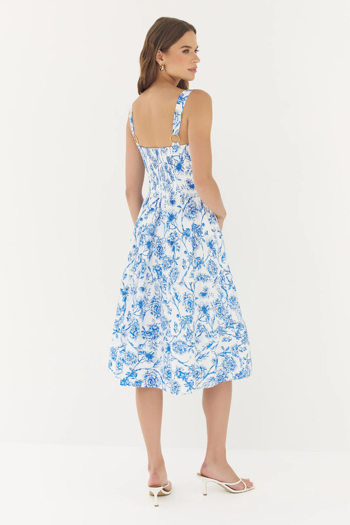 NAOMI Corset Top Dress in White/Blue Inked
