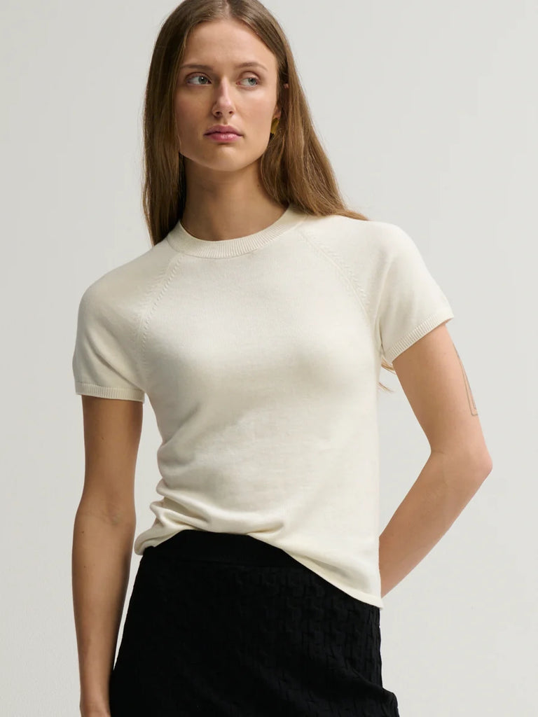 Cotton/Silk Raglan Short Sleeve Sweater in Ivory
