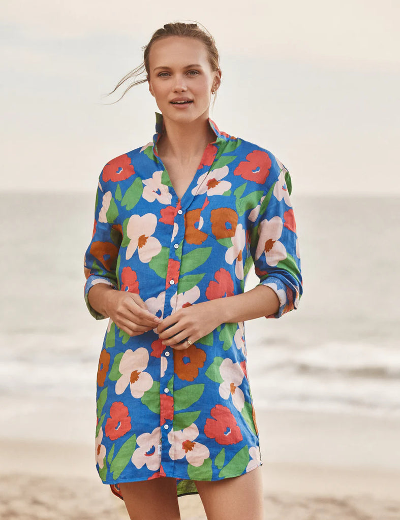 MARY Linen Shirt Dress in Bright Blue Floral