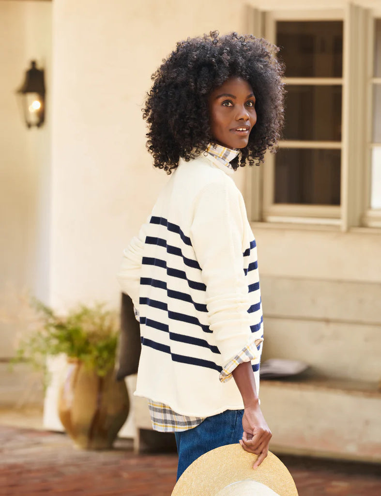 MONTEREY Rolled Neck Cotton Sweater in Cream/Navy Stripe