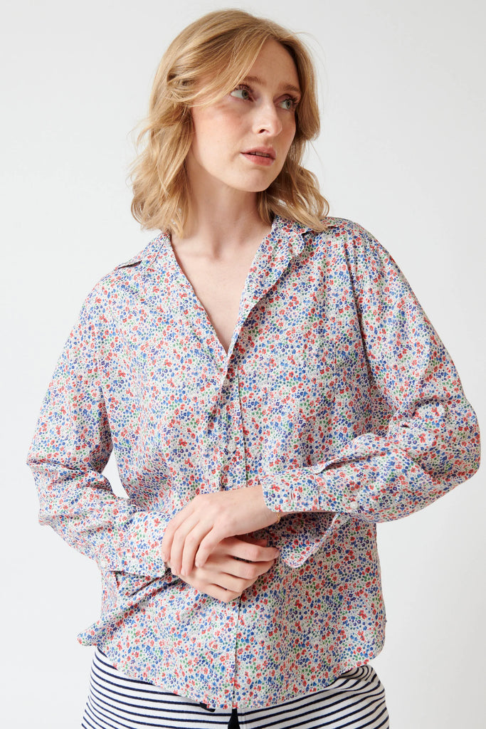 EILEEN Button Up Shirt in Red/Blue Small Flowers
