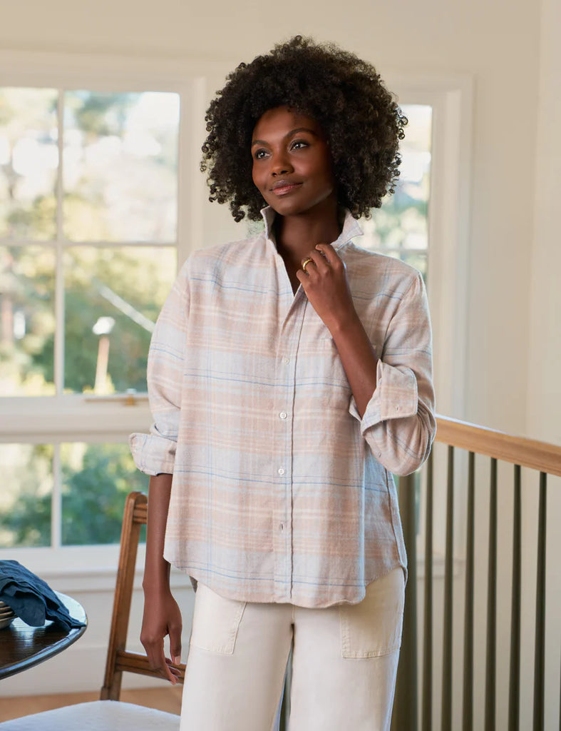 EILEEN Flannel Button Up in Sand/Blue Plaid