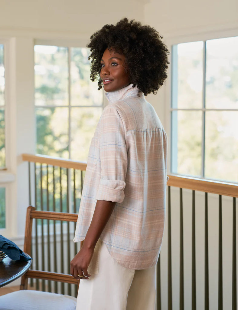 EILEEN Flannel Button Up in Sand/Blue Plaid