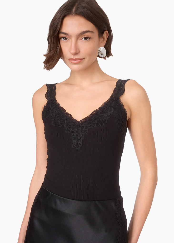LANI Lace Trim Ribbed Tank in Black