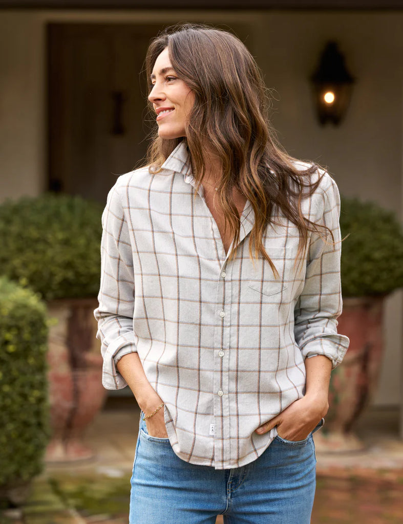 EILEEN Flannel Button Down in Heather Grey Orange Windowpane