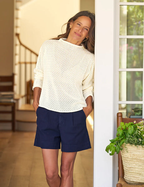 MONTEREY Pointelle Rolled Neck Cotton Sweater in Ivory