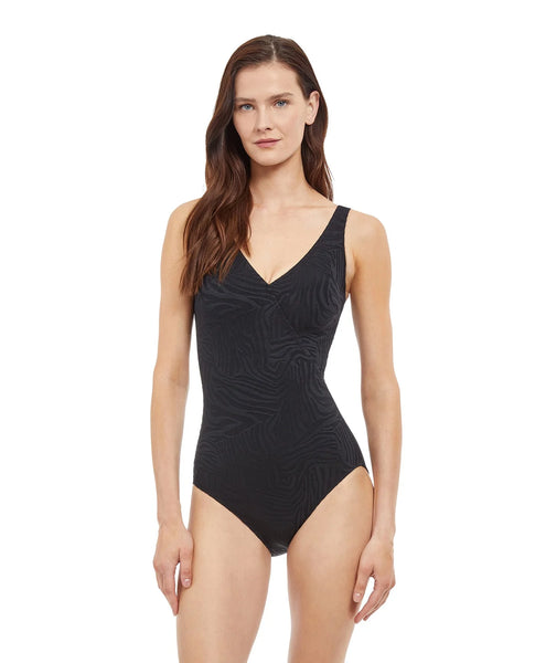 $158 Gottex Women Black Lattice V-Neck Surplice One-Piece Swimsuit