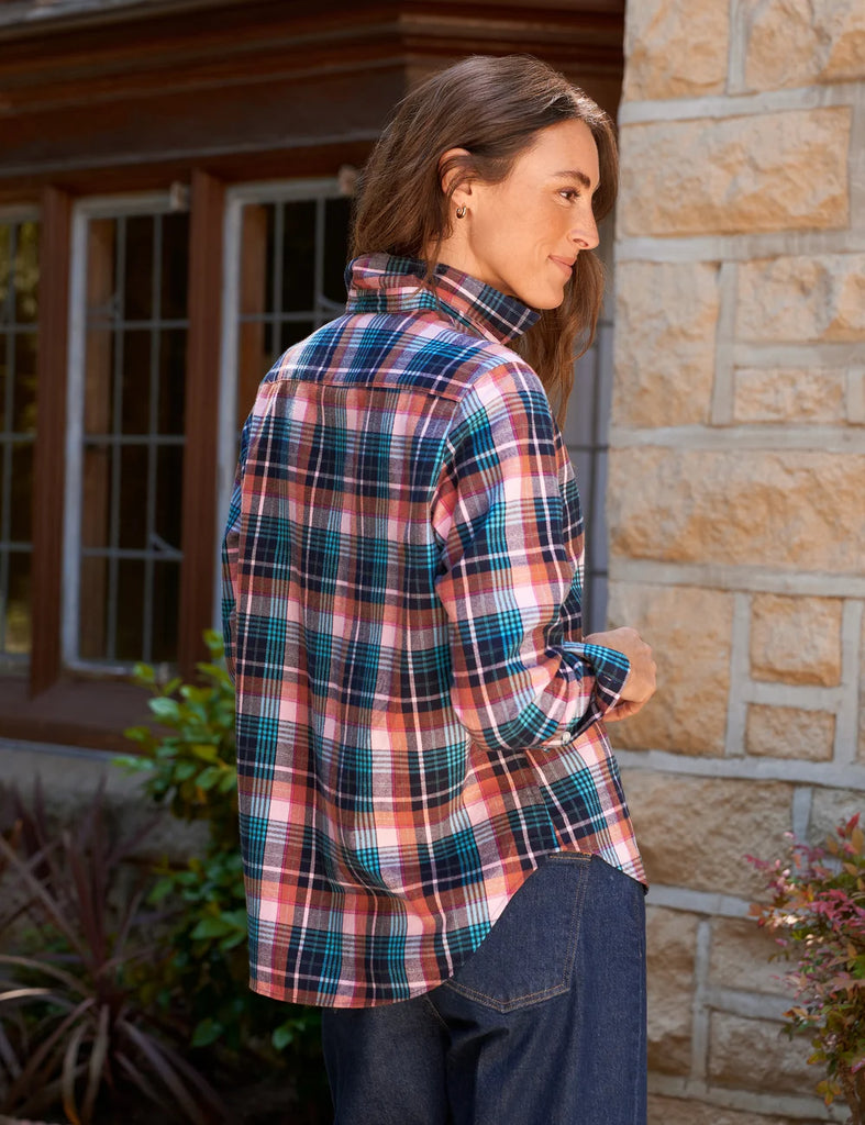 EILEEN Flannel Button Down in Pink Turquoise Plaid