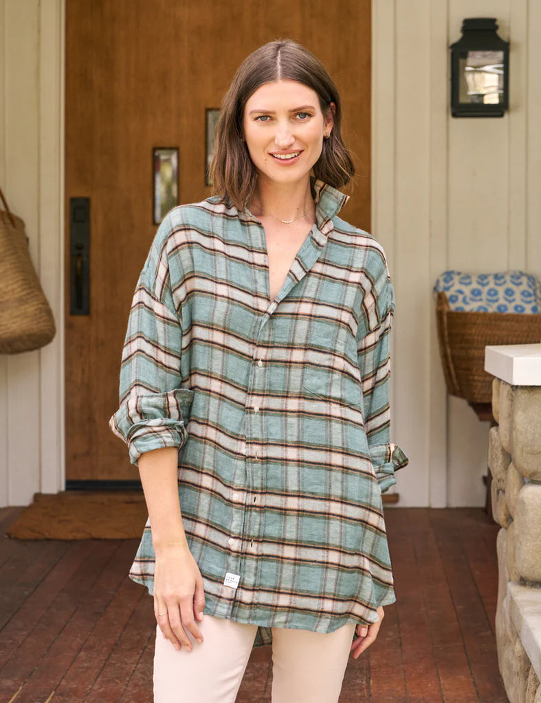 SHIRLEY Oversized Flannel Linen Button Up in Green/Sand Plaid