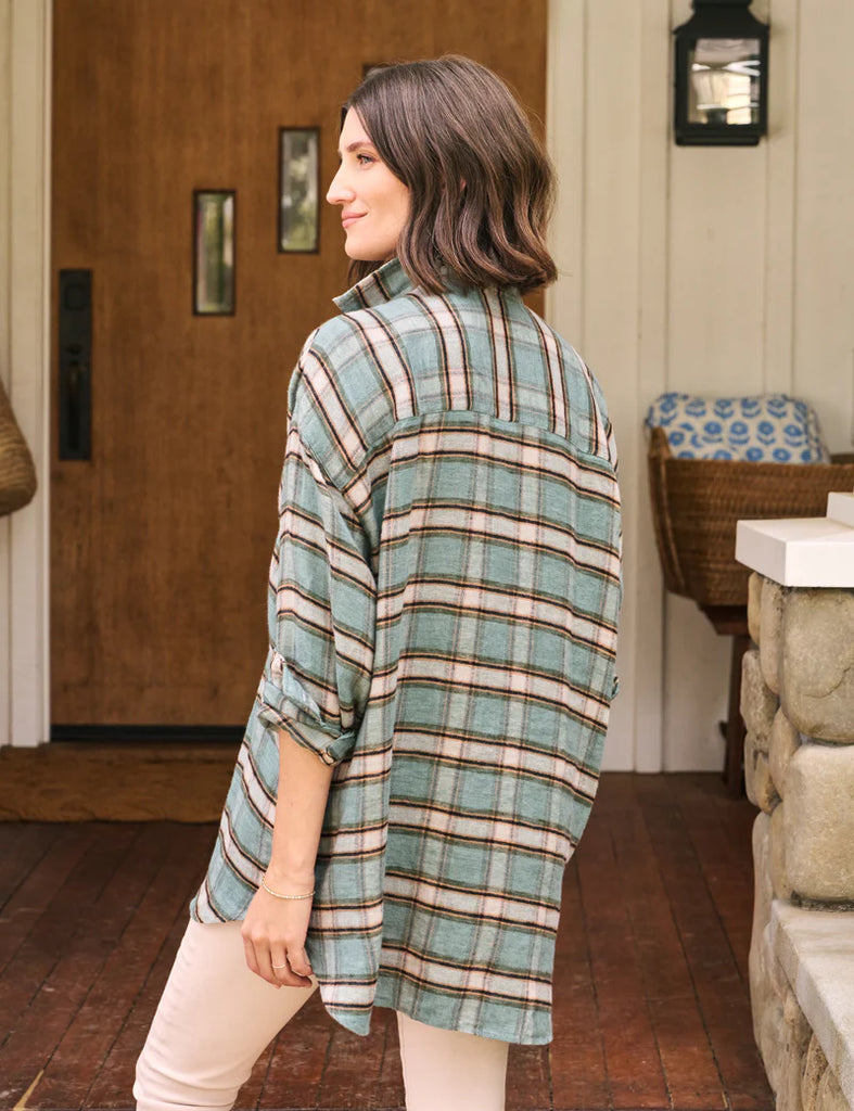 SHIRLEY Oversized Flannel Linen Button Up in Green/Sand Plaid