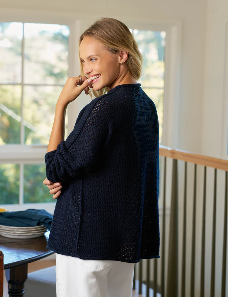 MONTEREY Pointelle Rolled Neck Cotton Sweater in Marine