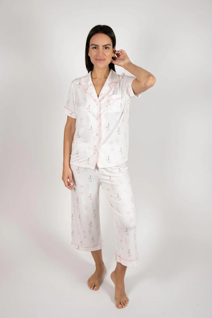 JOLENE Short Sleeve & Crop PJ Set in Rose Bubbles