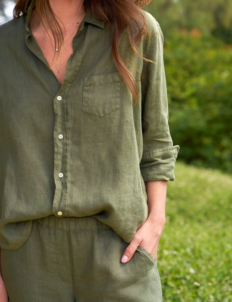 EILEEN Washed Linen Button Down in Olive