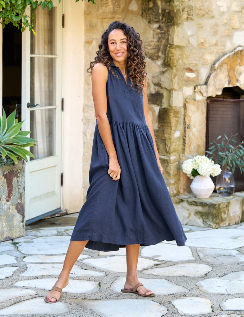 DAPHNE Linen Sleeveless Dress in Navy