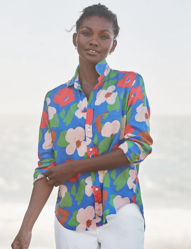 EILEEN Linen Button Down in Bright Blue Floral