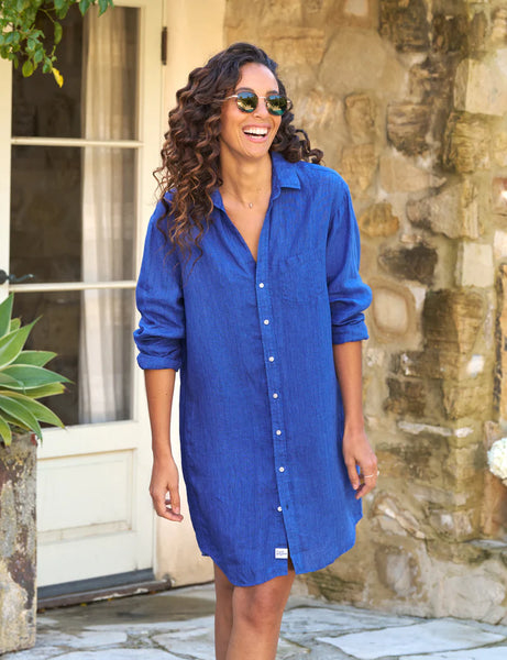 MARY Classic Linen Shirtdress in Bright Blue