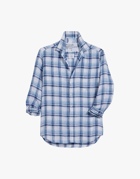 EILEEN Linen Button Down Shirt in White/Blue Plaid