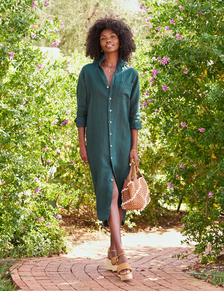 RORY Washed Linen Maxi Shirt Dress in Forest