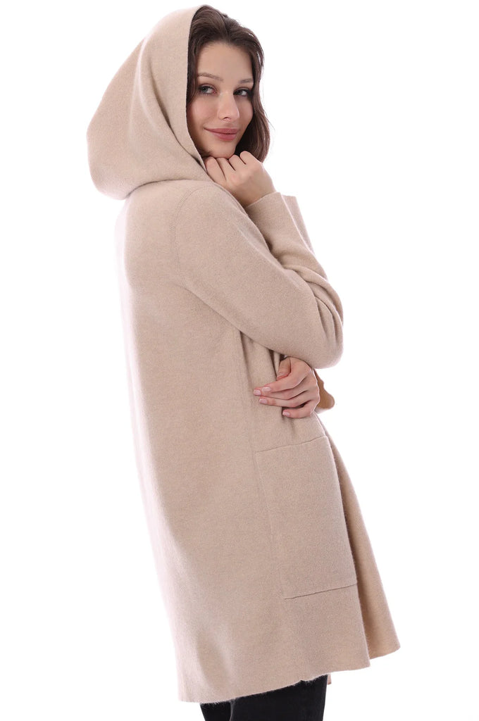 Cashmere/Cotton Reversible Hooded Coatigan in Brown Sugar/Starch