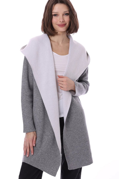 Cashmere/Cotton Reversible Hooded Coatigan in Grey Shadow/Starch