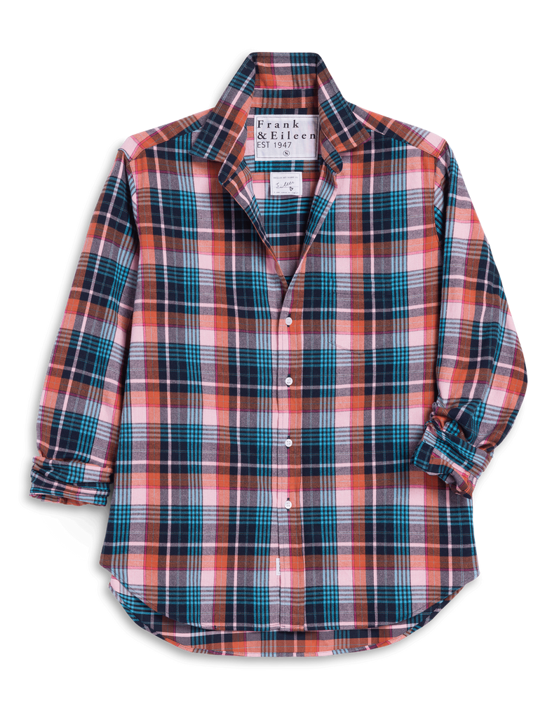 EILEEN Flannel Button Down in Pink Turquoise Plaid