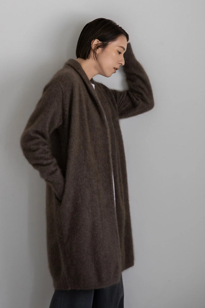 Wool Long Open Cardigan in Grey Brown