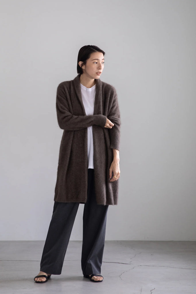 Wool Long Open Cardigan in Grey Brown