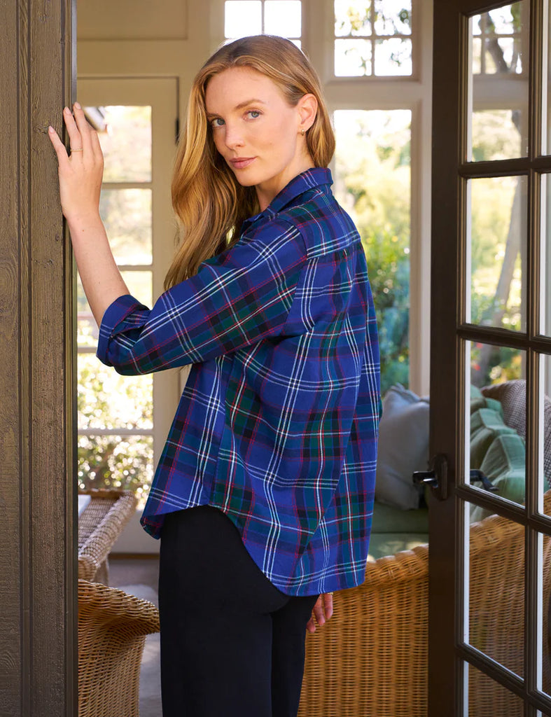 EILEEN Flannel Button Down in Blue & Green Plaid