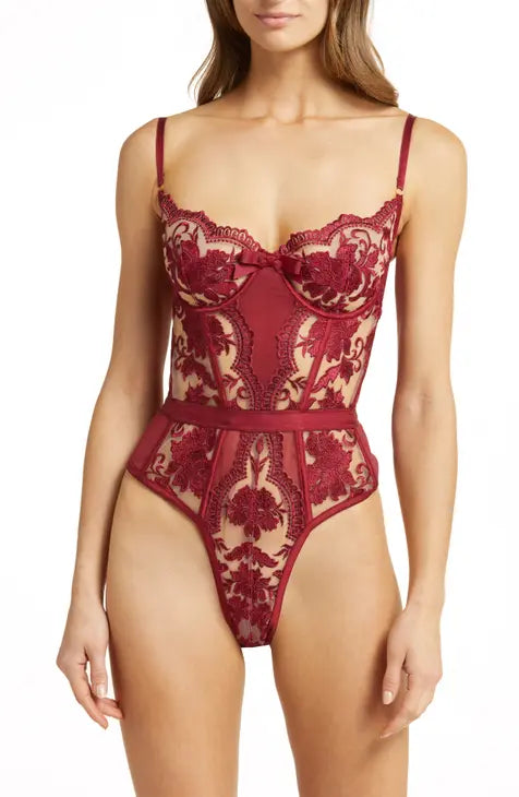 Embroidered Underwire Bodysuit in Ruby Wine