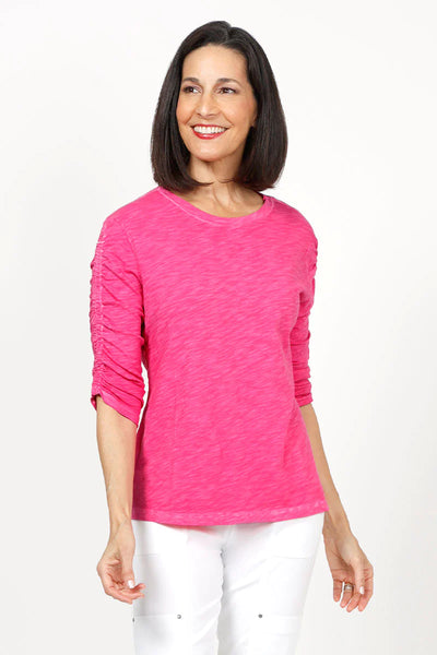 Crew Neck Ruched 3/4 Sleeve Tee in Snapdragon