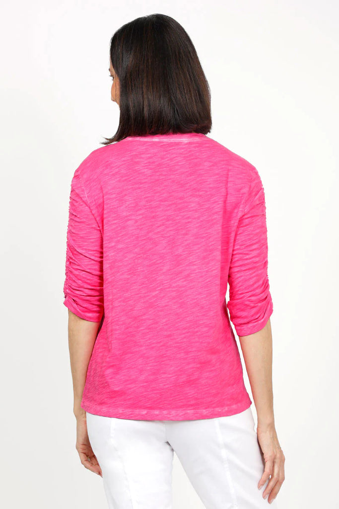 Crew Neck Ruched 3/4 Sleeve Tee in Snapdragon