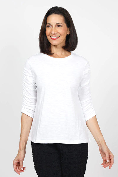 Crew Neck Ruched 3/4 Sleeve Tee in White
