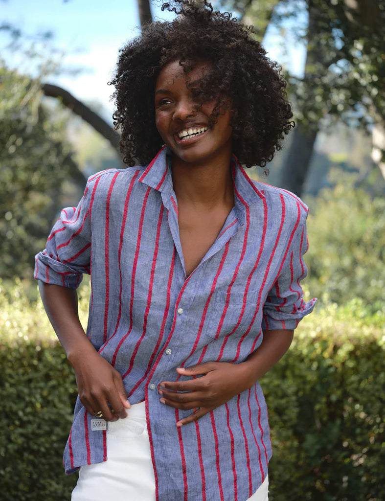 EILEEN Linen Shirt in Blue and Red Textured Stripe