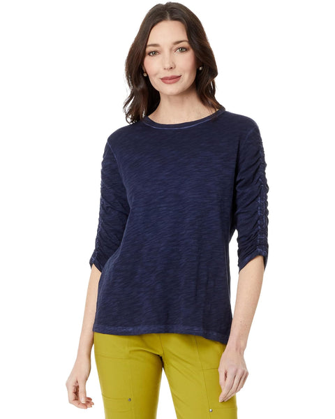 Crew Neck Ruched 3/4 Sleeve Tee in Navy