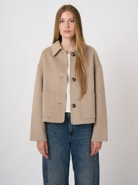 Wool-Blend Boxy Jacket in Dark Beige Melange