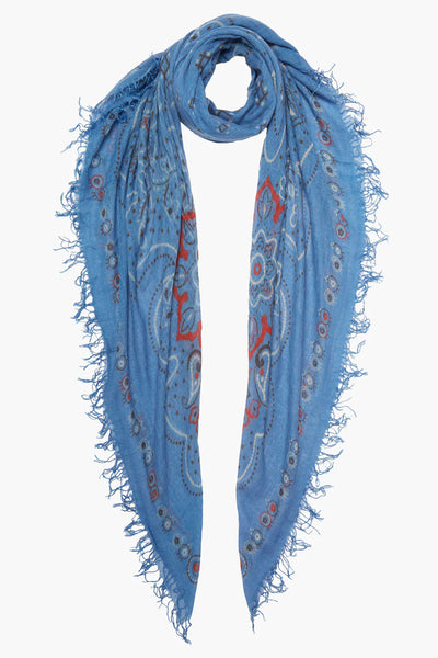 Cashmere & Silk Bandana Print Scarf in French Blue