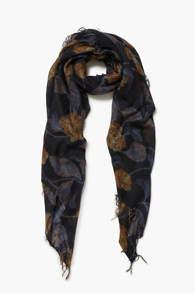 Cashmere & Silk Scarf in Floral Print Multi Black