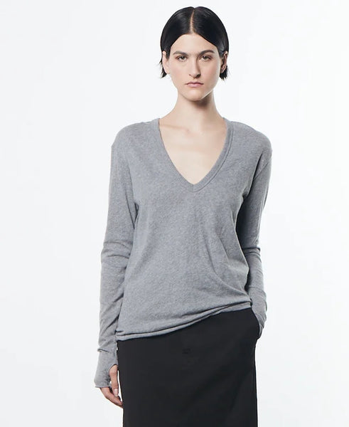 Cashmere/Cotton Loose Long Sleeve V-Neck in Smoke