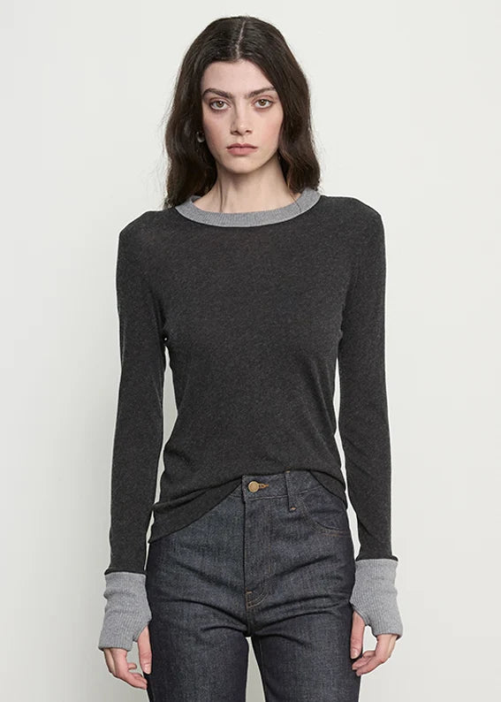 Cotton/Cashmere Contrast Cuffed Crew in Charcoal/Smoke