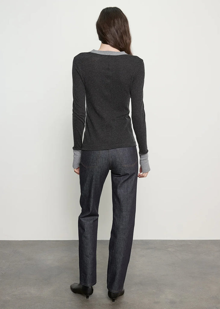 Cotton/Cashmere Contrast Cuffed Crew in Charcoal/Smoke