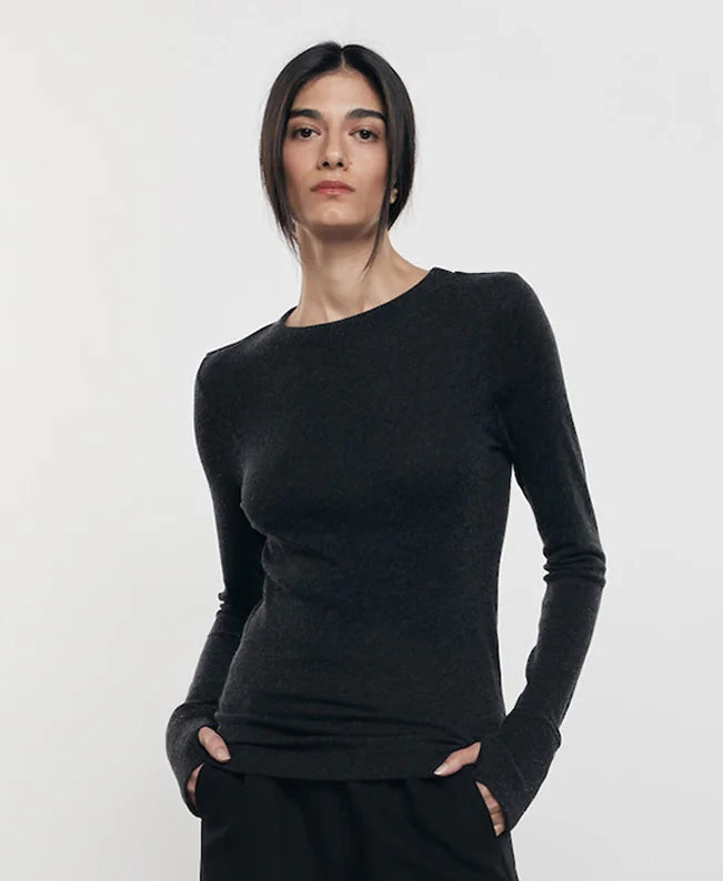 Cashmere/Cotton Easy Cuffed Crew in Charcoal