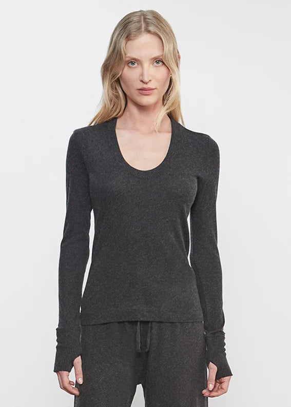 Cashmere/Cotton Easy Cuffed U-Neck in Charcoal
