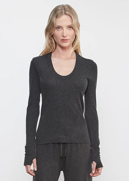 Cashmere/Cotton Easy Cuffed U-Neck in Charcoal
